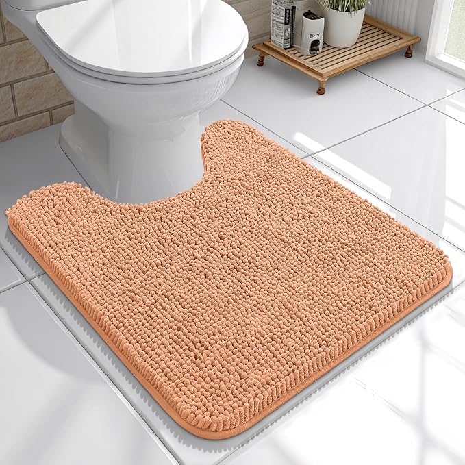 OLANLY Toilet Rugs U-Shaped 20x20, Extra Soft Absorbent Chenille Contour Bathroom Rugs for Toilet, Dry Quickly, Machine Washable, Non-Slip Bath Mat, Peach