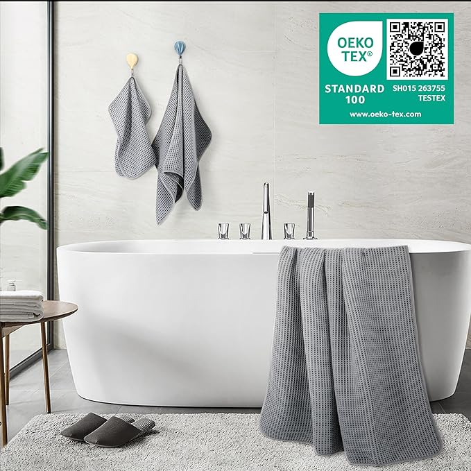 POLYTE 430 GSM Poly Blend Microfiber Quick Dry Waffle Bath Towel Set of 6 | 2-Body Towels, 2-Hand Towels, 2-Wash cloths, Oversize, Lint Free