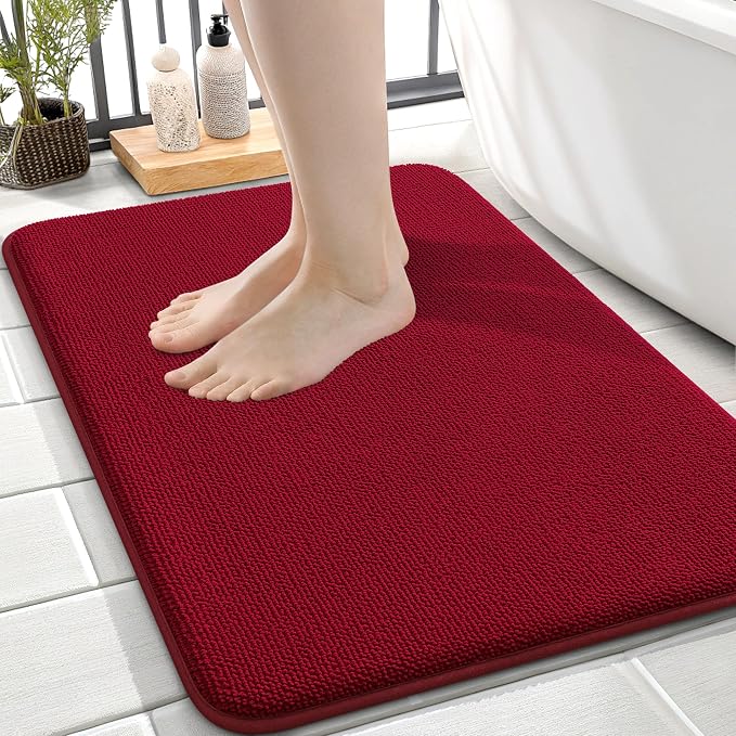 OLANLY Thick Memory Foam Small Bathroom Rug 24x16, Absorbent Bath Mat, Red | Soft Quick Dry Bath Mat Rugs, Non-Slip, Machine Washable Mat for Bathroom Floor, Tub and Shower, Home Decor Accessories