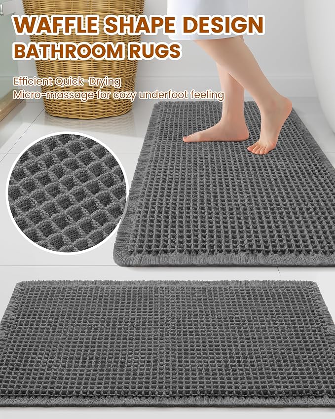 Smiry Waffle Bath Mat 30x18, Extra Soft Absorbent Bathroom Rugs, Non Slip Machine Washable Quick Dry Bath Rugs for Bathroom Floor, Tub, Shower, Home Decor Accessories, Dark Grey