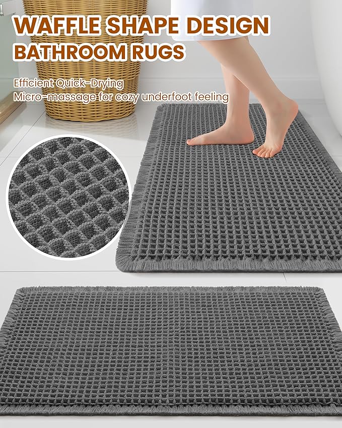 Smiry Waffle Bath Mat 36x24, Extra Soft Absorbent Bathroom Rugs, Non Slip Machine Washable Quick Dry Bath Rugs for Bathroom Floor, Tub, Shower, Home Decor Accessories, Dark Grey