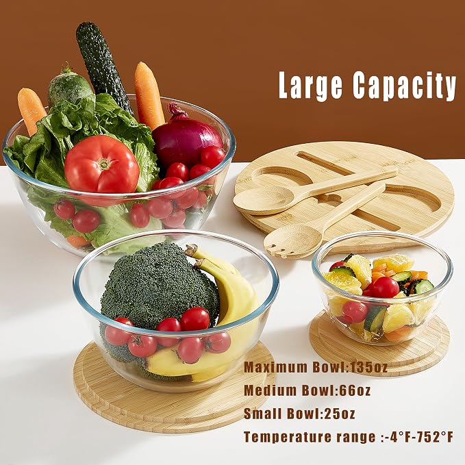 Glass Mixing Bowls with Bamboo Lids, 3 Packs Glass Bowls with Lids Set(4.7QT, 2.1QT, 0.8QT), Large Capacity Salad Bowls, Nesting Containers Microwave Safe Baking Bowls for Kitchen