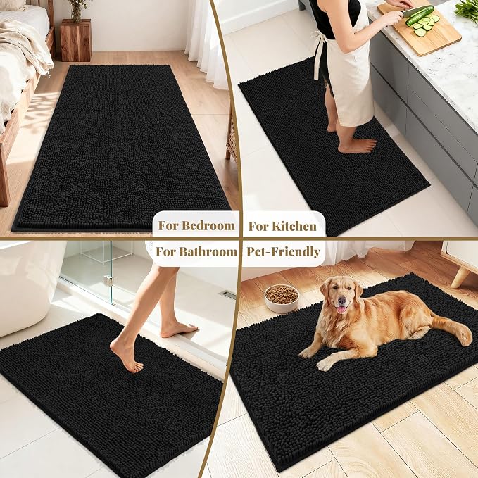 Bathroom Rugs Mat 48 x 24, Thick Soft Absorbent Chenille Bath Rugs, Rubber Backing Bath Mats for Bathroom Floor, Tub, Shower, Bedroom, Home Decor Accessories, Quick Dry Machine Washable, Black