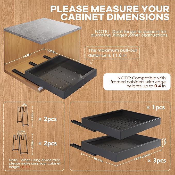 Seinloes 4Pack Expandable Pull Out Cabinet Organizer 21"Deep With Raising Pad for Framed Cabinets,Slide Out Drawers with 4pcs Divider Racks,Roll Out Shelves Adhesive,Adjustable Width 12.05"-20.4"Black