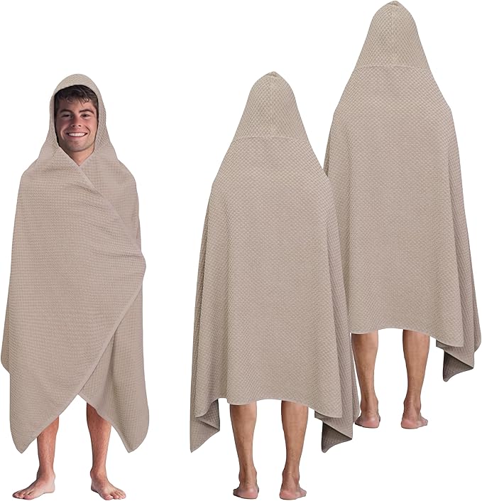 COTTON CRAFT Hooded Bath Towel for Adults – 2 Pack 100% Cotton Bath Sheet | Waffle Weave Oversized 35x70 inch Ringspun Terry Bath Wrap with a hood - Soft Super Absorbent Quick Dry – 450 GSM – Linen