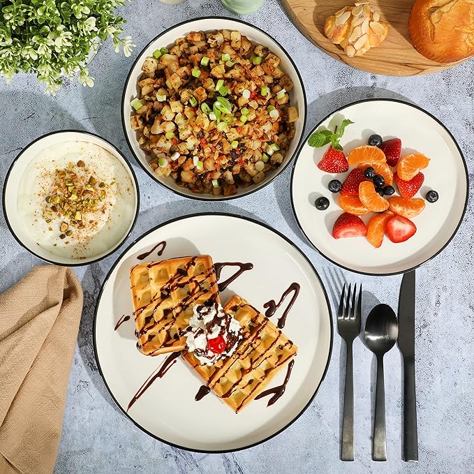 Gibson Home Oslo 16-Piece Porcelain Dinnerware Set, Service for 4 – White Plates with Black Rim, Microwave & Dishwasher Safe