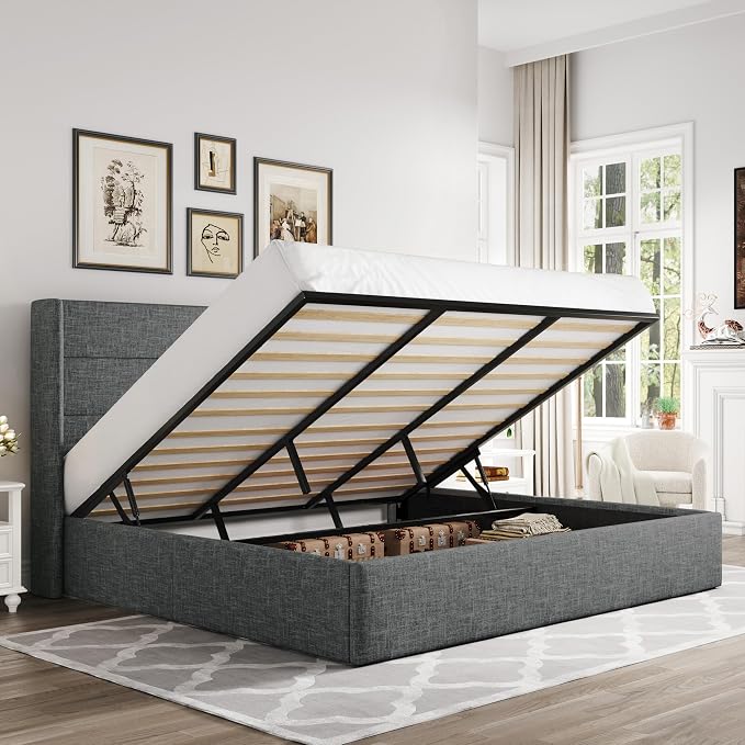 Allewie King Size Lift Up Hydraulic Storage Bed Frame Dark Grey | Modern Wingback Headboard, Hydraulic Support Storage, No Box Spring Needed