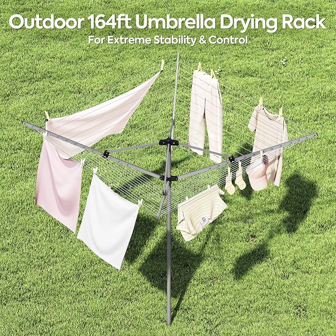 164Ft XL Outdoor Umbrella Clothes Drying Rack, 70.87" H | Collapsible 4-Arm Rotary Clothesline For Lawn, Garden & Backyard, Metal Frame For Outdoor Natural Laundry Drying
