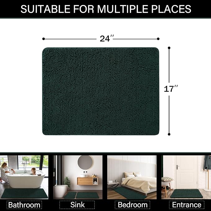 LOCHAS Luxury Bathroom Rug Shaggy Bath Mat 24 x 17 Inch, Hunter Green | Washable Non Slip Bath Rugs for Bathroom Shower, Soft Plush Chenille Absorbent Carpets