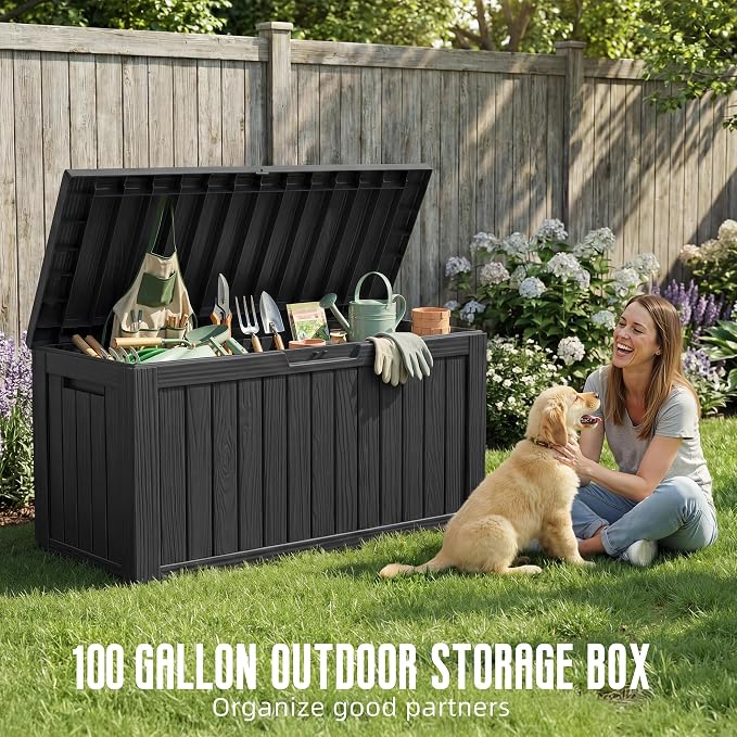 DRATO 100 Gallon Deck Boxes Outdoor Waterproof Storage Box with Wheels | Lockable Weatherproof Resin Outside Patio Storage Box for Backyard Furniture Pool Supplies Garden Tools, Black