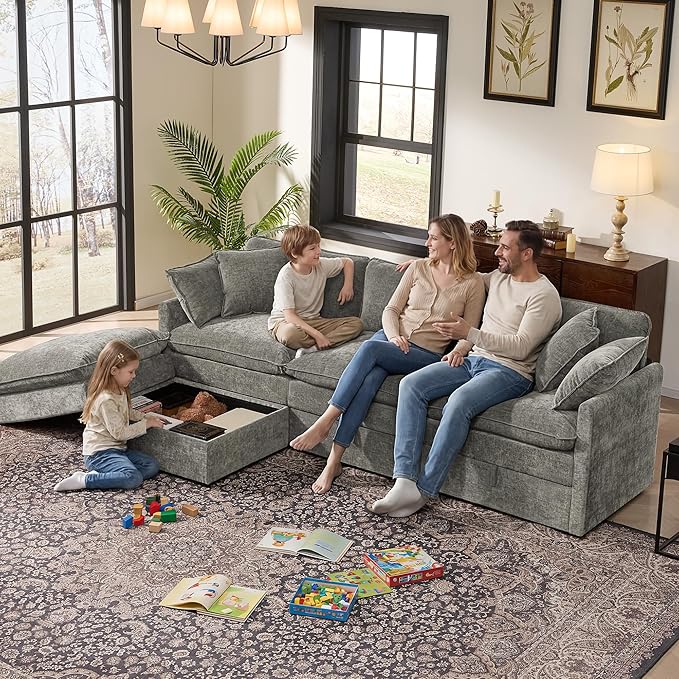 Ihanherry 103" Modular Sectional Sofa with Storage, L Shaped Cloud Couch with Movable Ottomans & Throw Pillows, Chenille Deep Seat Sectional Couches for Living Room, Apartment (Grey)