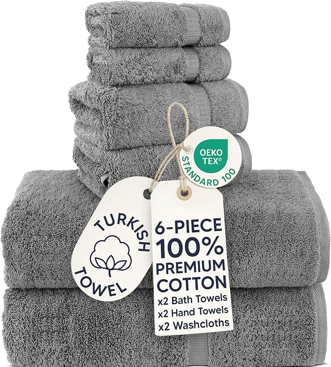 Chakir Turkish Linens 6 Piece Towel Set, 100% Cotton Turkish Towels for Bathroom, Luxury Soft Absorbent Bath Towel Set with 2 Bath Towels 2 Hand Towels 2 Washcloths, Gray