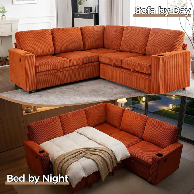 L-Shaped Sectional Sleeper Sofa with Pull Out Bed, Orange | Plush Corduroy Modular Couch with Storage, USB Charging, Cup Holders – Cozy Cloud Couches for Living Room, Easy Assembly