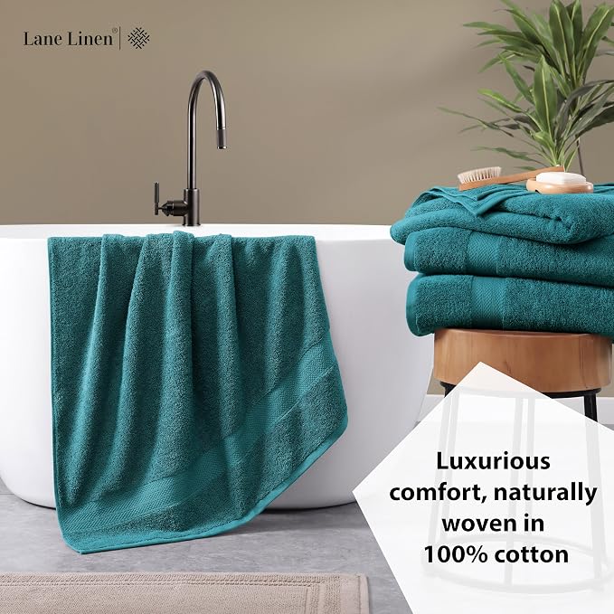 LANE LINEN Bathroom Towel Set 4 Piece Soft Absorbent Quick Dry - Sea Port | Cotton Towel Set - Coordinated Colors, Dobby Border Accent, OEKO-TEX Certified, Ring-Spun Durability, Ring-Spun Cotton