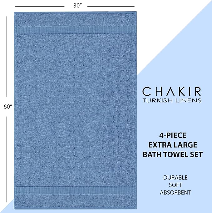 Chakir Turkish Linens 4 Piece Extra Large Bath Towels, 100% Cotton Luxury Turkish Towels for Bathroom, Soft Absorbent Bath Towels, 30 x 60 Inches, Wedgewood