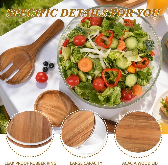Glass Salad Bowl with Lid, 9.8" Large Glass Mixing Bowls with Acacia Wood Lids Set & Serving Utensils, 200oz Trifle and Serving Bowl for Salads, Fruit, Pasta, Dessert, Popcorn, Microwave Safe