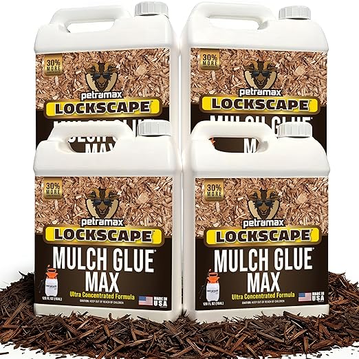Petra Max Lockscape Mulch Glue for Landscaping -4 Gals - Strongest 3X Concentrated - Pet Safe Lockdown Sticky Mulch and Rock Glue for Pea Gravel 100% Permeable Binder Spray for Pine Straw, Wood Chips