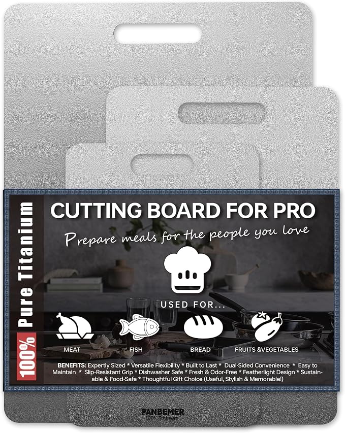 Katori Titanium Cutting Board for Kitchen, Set of 3 Food Grade 100% Pure Titanium Double-Sided Chopping Boards, Non-Toxic, Dishwasher Safe, Easy to Clean – 10", 12", 16"
