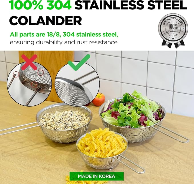 Premium 18/8 304 Stainless Steel Set of 3 – Micro-Perforated Strainer with Long Handle, Self-Draining Base for Pasta Rice Vegetables, 18/8 304 Heavy Duty (1.5, 2.5, 4 Qt) Made in Korea