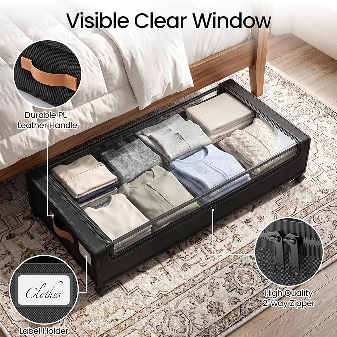 Yecaye 70L Large Under Bed Storage Containers with Wheels, 2 Pack, Black | Larger Capacity, 360° Rolling Wheels, Clear Window & Label, Sturdy Fabric, Rolling Metal Drawers for Clothes, Shoes, Blankets