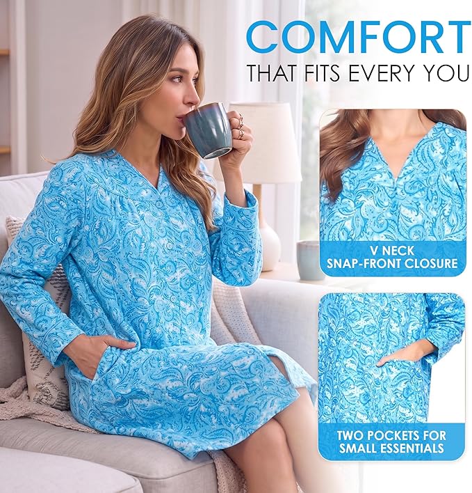 Casual Nights Women's Floral Snap Front Flannel Duster Long Sleeve Lounger Dress