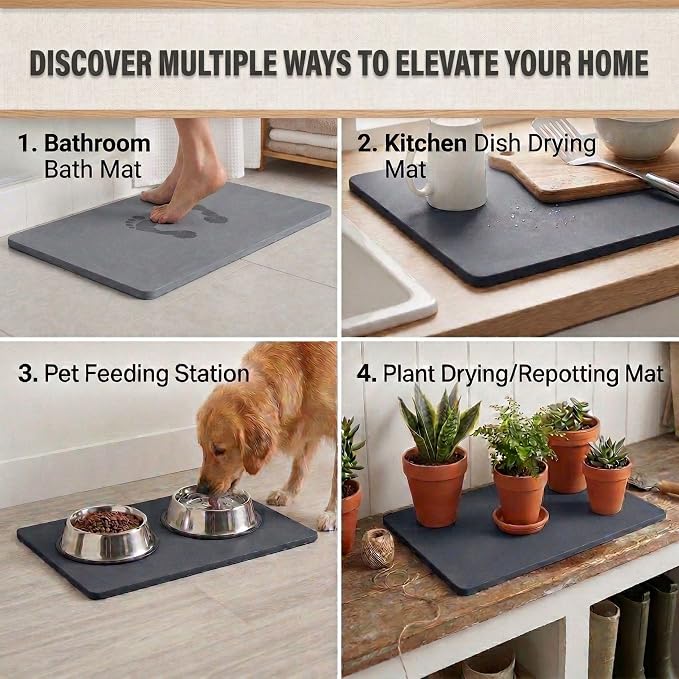 Stone Bath Mat – Diatomaceous Earth Quick Drying Non-Slip Bathroom Mat – Absorbent Diatomite Shower Mat, Durable & Easy to Clean, Modern, 23.6" x 15.3", (Slate Grey - Linea)