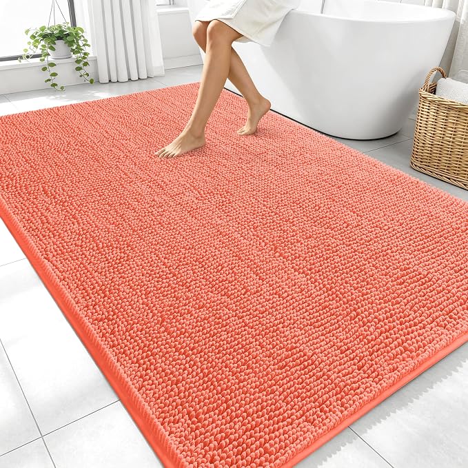 OLANLY Large Bathroom Rugs 70x46, Extra Soft Absorbent Chenille Bath Rugs, Rubber Backing Quick Dry, Machine Washable Bath Mats for Bathroom Floor, Tub and Shower, Home Decor Accessories, Coral