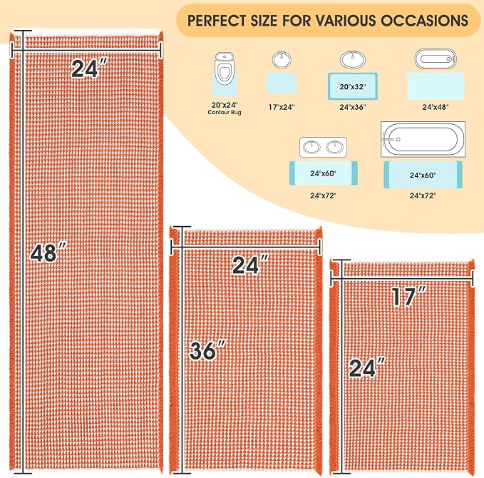 IM HOME Waffle Bath Mat Set 3 Piece Orange & Cream,Woven Modern Bath Rug Mats, Absorbent Non Slip Bath Floor Mat, Soft Washable Boho Bath Rugs with Tassels for Bathroom, Bedroom, Kitchen, Tub