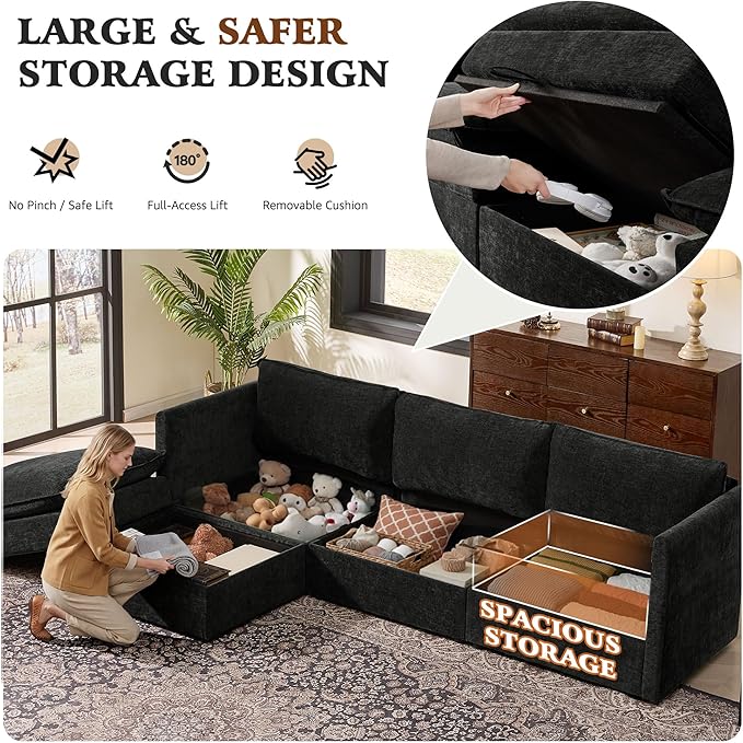 Ihanherry 103" Modular Sectional Sofa with Storage, L Shaped Cloud Couch with Movable Ottomans & 4 Pillows, Chenille Deep Seat Sectional Couches for Living Room, Apartment (Black)