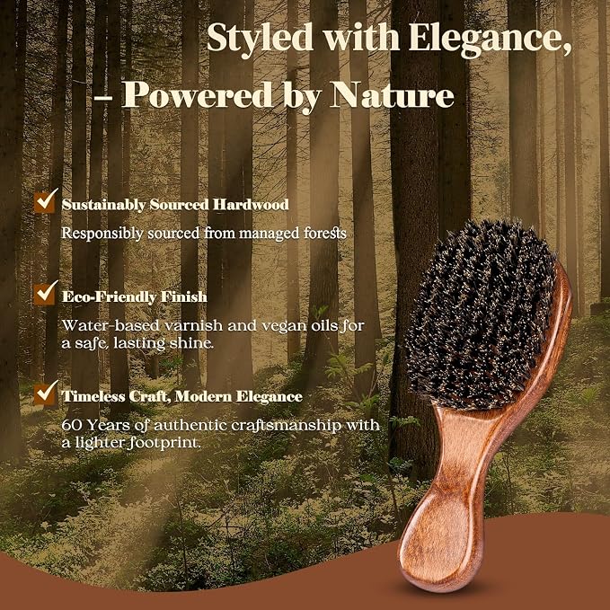 Small Boar Bristle Hair Brush Since 1965 British Craftsmanship, Handmade Natural Wooden Mini Hairbrush/Beard Brush, Pure Soft Bristles Gentle Detangling Women Men Kids Thin Fine Hair, Smooth & Shine