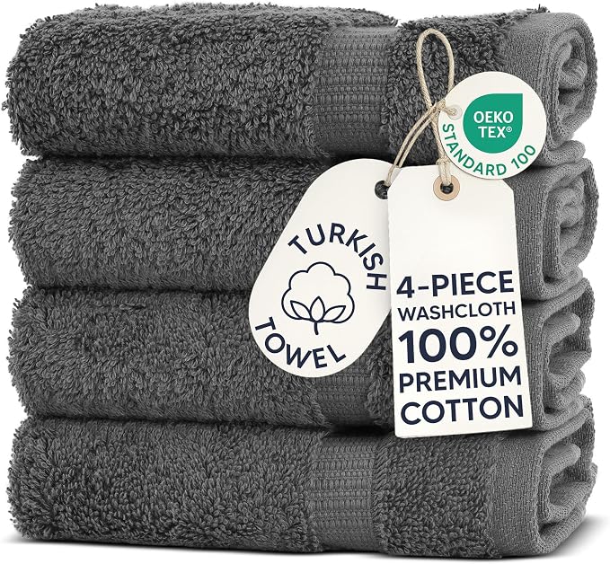 Chakir Turkish Linens 4 Piece Washcloth Set, 100% Cotton Luxury Turkish Washcloths for Bathroom, Soft Absorbent Washcloths, 13 x 13 Inches, Dark Gray