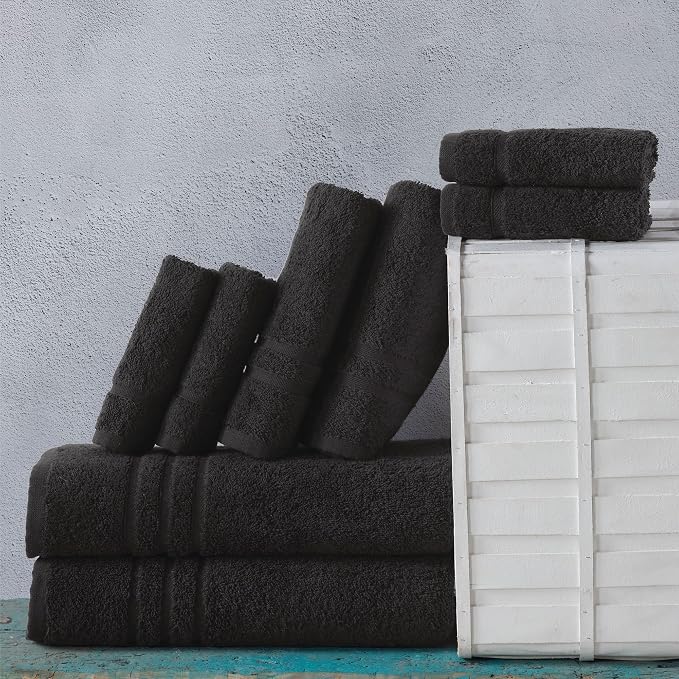 Black 6 Pack Bath Towels Sets Linen for Bathroom Original Turkish Cotton Soft, Absorbent and Premium 2 Bath, 2 Hand, 2 Washcloths