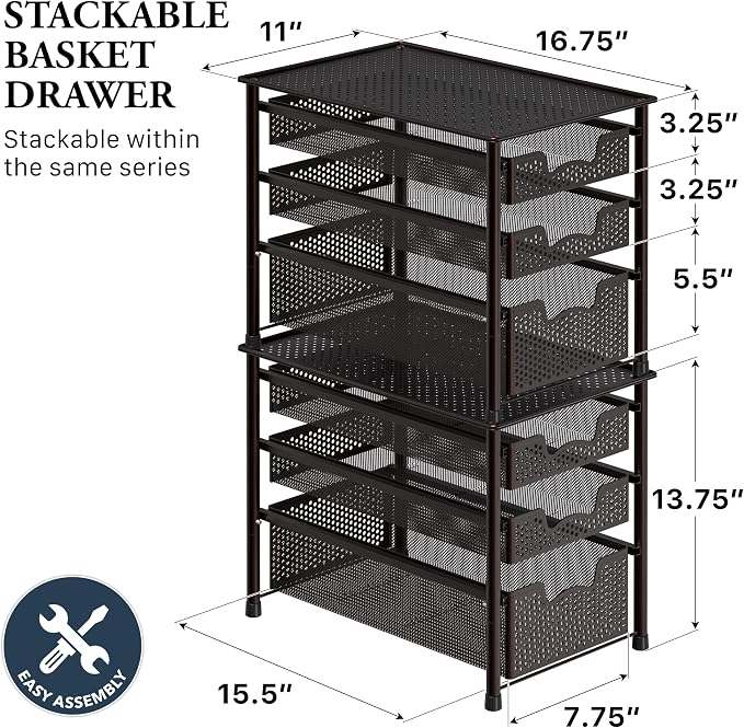 Simple Houseware Stackable 3 Tier Sliding Basket Organizer Drawer, Bronze