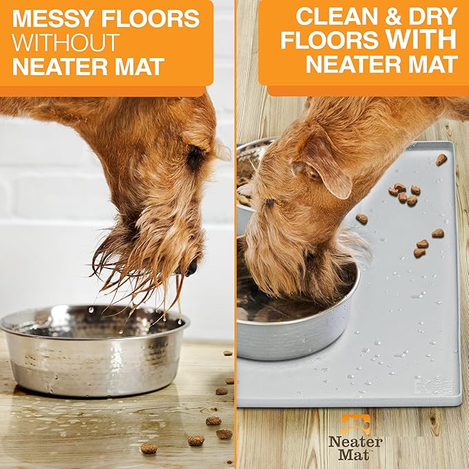 Neater Pet Brands Neater Mat Pet Mats for Food and Water, Cat & Dog Bowl Mat Waterproof Silicone, Feeding Tray, Dog Food Mats for Floors, Placemat w/Raised Edge for Under Bowls, 16” x 10”, Light Gray