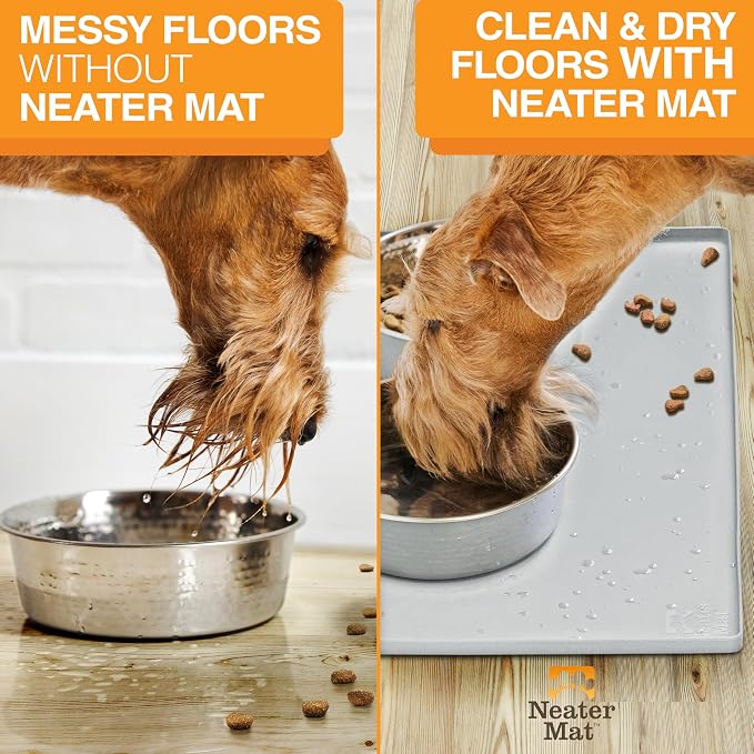 Neater Pet Brands Neater Mat Pet Mats for Food and Water, Cat & Dog Bowl Mat Waterproof Silicone, Feeding Tray, Dog Food Mats for Floors, Placemat w/Raised Edge for Under Bowls, 32" x 24", Light Gray