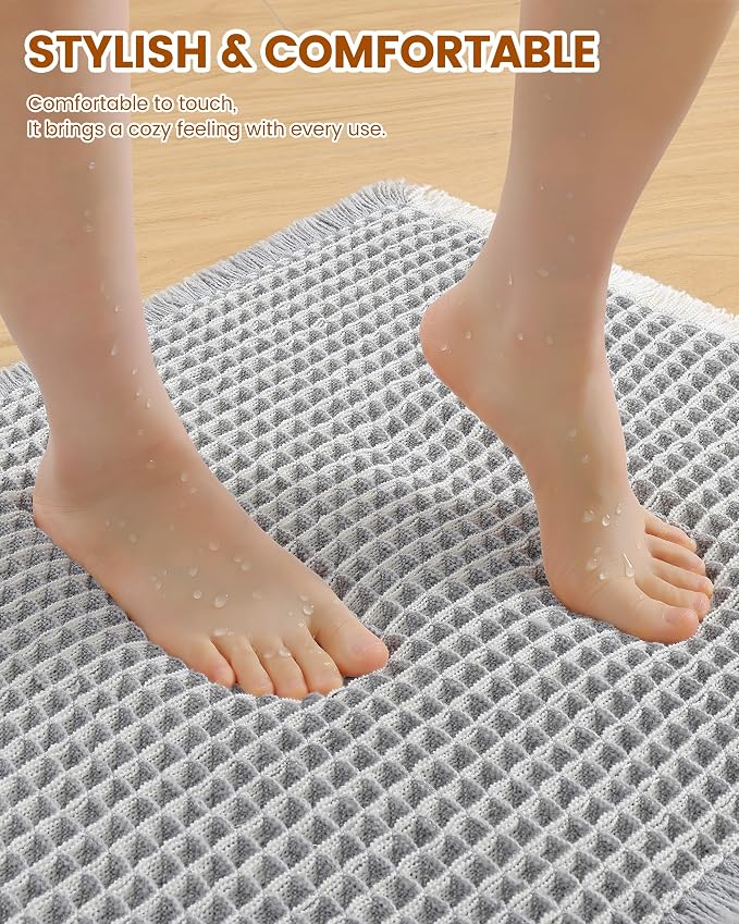 Smiry Waffle Bath Mat 30x20, Extra Soft Absorbent Bathroom Rugs, Non Slip Machine Washable Quick Dry Bath Rugs for Bathroom Floor, Tub, Shower, Home Decor Accessories, Lightgrey & Cream