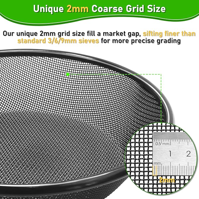 11.8" W Soil Sifter for Gardening, 2mm Grid Rock Sifter for 5 Gallon Bucket, Stainless Steel Fine Dirt Sifter, Compost Sifter for Capturing Dirt, Sand, Rocks, and Filtering Compost (Black)