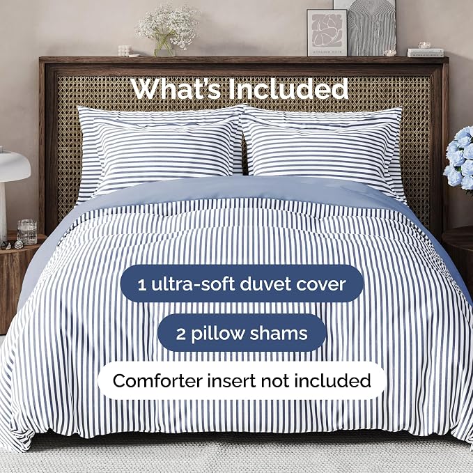 Duvet Cover Cal King Size Set - Extra Soft Cal King Duvet Cover 104" x 98" with 2 Pillow Shams for Women, Men, Kids & Teens - Comfy, Breathable, Hotel Luxury w/ Zipper Closures & Ties (Blue Stripes)
