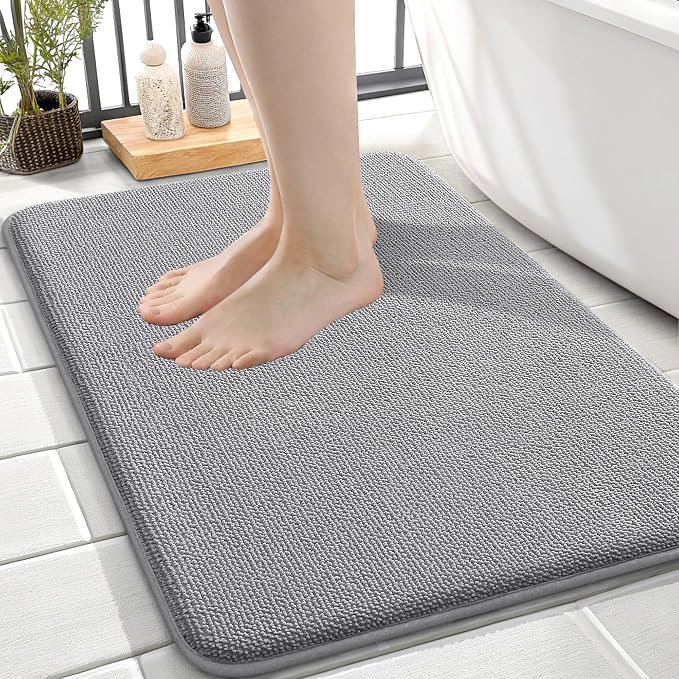 OLANLY Thick Memory Foam Small Bathroom Rug 24x16, Absorbent Bath Mat, Grey | Soft Quick Dry Bath Mat Rugs, Non-Slip, Machine Washable Mat for Bathroom Floor, Tub and Shower, Home Decor Accessories