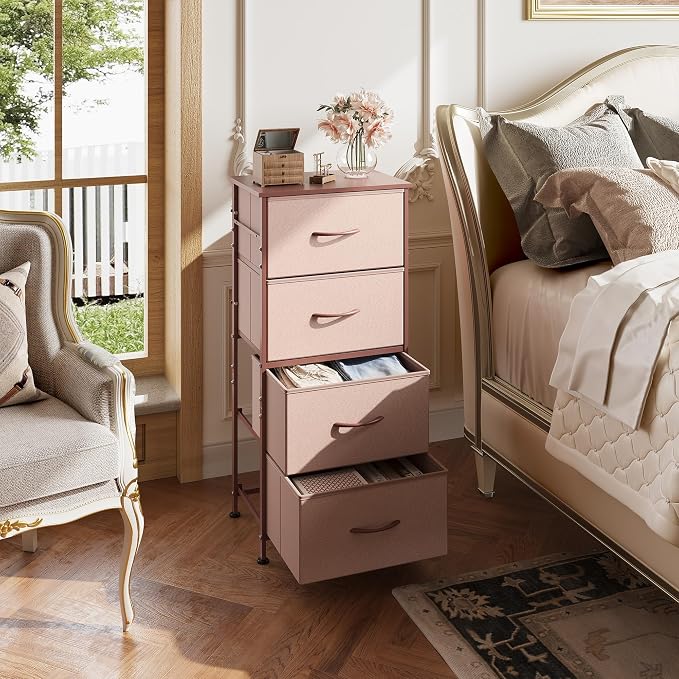 WLIVE Small Dresser Nightstand for Bedroom, 4 Drawers, Pink | 4 vertical fabric drawers, Space-saving tower, Bedroom or closet use, Chest of drawers, Dresser for small spaces