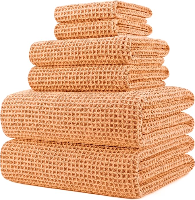 POLYTE 430 GSM Microfiber Quick Dry Lint Free Oversize Bath Towel Set, 6 Piece (Waffle Weave)