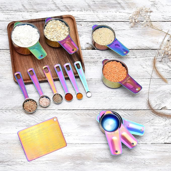 Kich 14 Piece Iridescent Rainbow Stainless Steel Measuring Cups and Spoons Set Magnetic Metal Kitchen Conversion Chart Included Large Small and Mini Scoop Cute Colorful Design