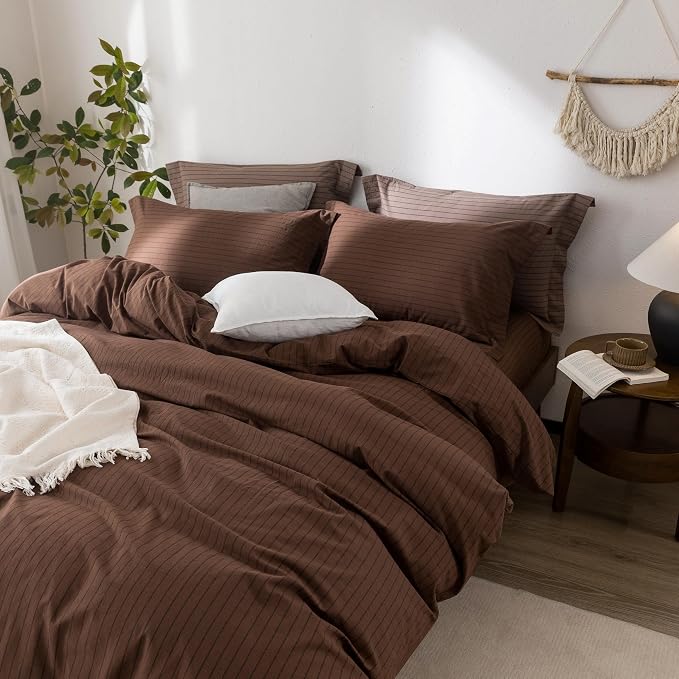 Stripe Duvet Cover King Size 104inch x 90inch,100% Washed Cotton Pinstripe Duvet Cover with Zipper Closure and 2 Pillowcases, Color of Cocoa Brown-Black Stripe
