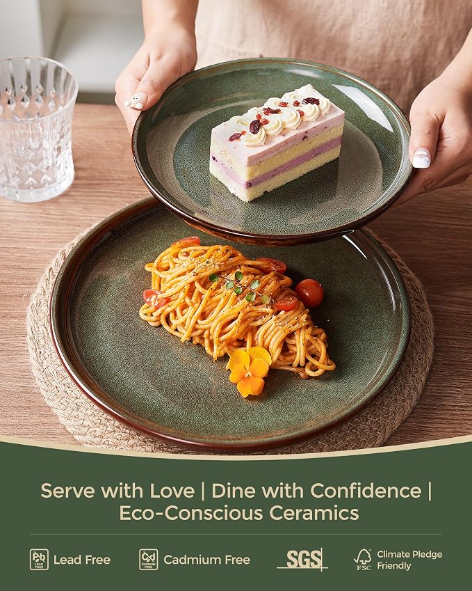 Pokini 24 Piece Dinnerware Sets for 8, Modern Stoneware Plates and Bowls Setst, Perfect for Family Gatherings & Holiday Celebrations, Easy Cleaning Dishes Set, Stack Compactly Dishware, Brown Green