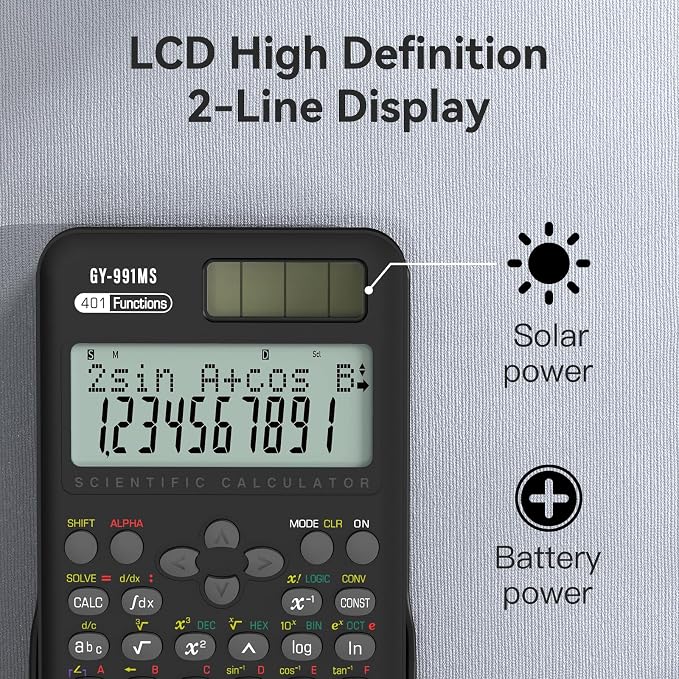 Scientific Calculator School Supplies, ROATEE 991MS 401 Functions 2-Line Display Desktop Calculator with Sliding Cover, Solar Battery Dual Power Kawaii for Middle High School Student and Teacher Black