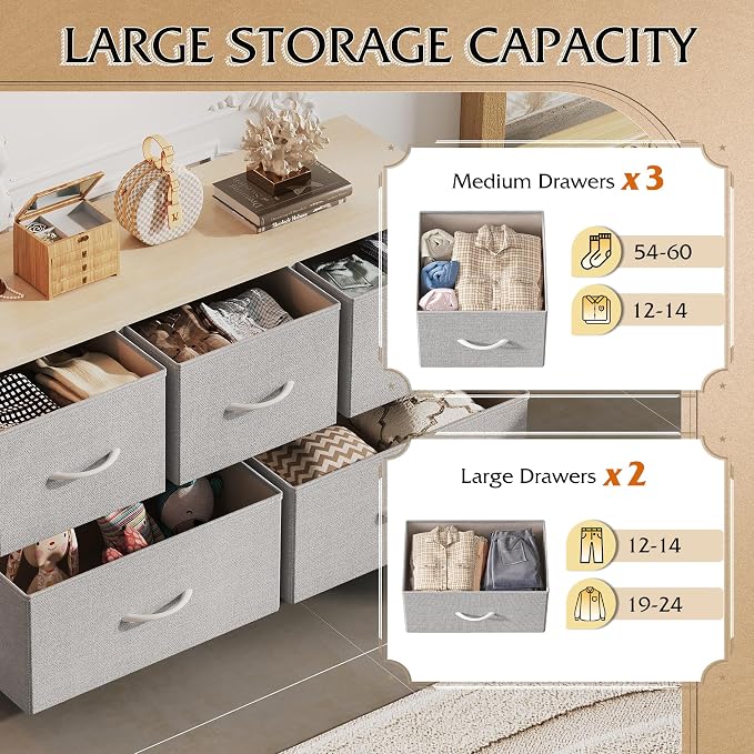 WLIVE Wide Dresser for Bedroom, 5 Drawer Chest of Drawers, Light Grey | 5 roomy fabric drawers, Wide storage design, Bedroom or closet use, Sturdy steel frame, Smooth wood tabletop