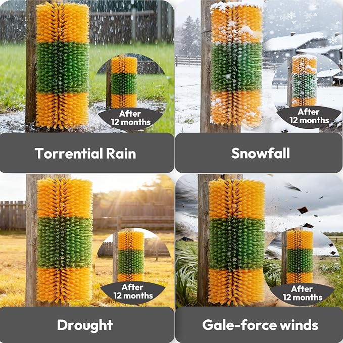 Livestock Scratching Brush 2 Pack for Cattle, Horses and Goats, Bendable Cow Scratcher, Goat Scratching Post and Horse Scratcher with Durable Nylon Bristles and 8 Stainless Steel Screws