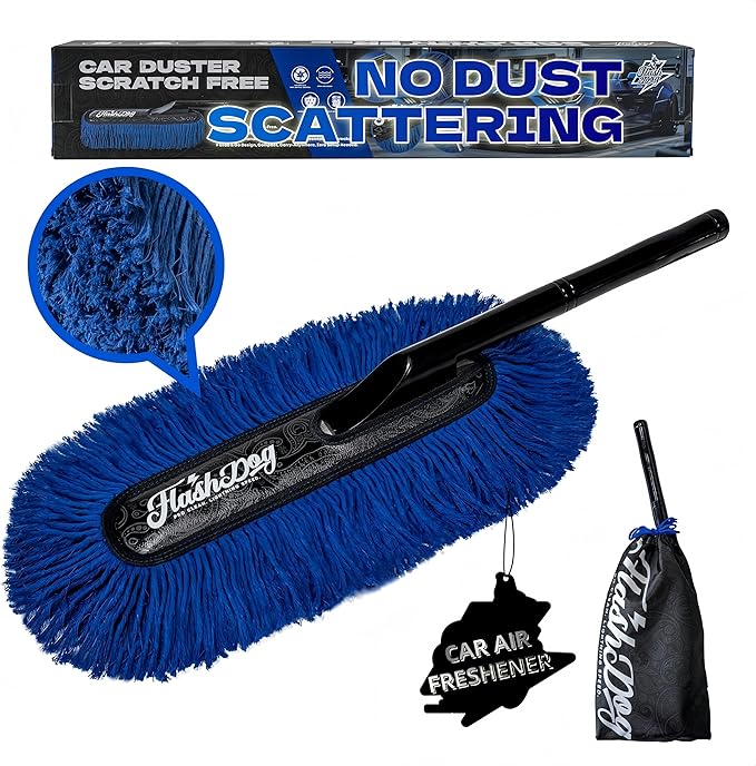 Flash Dog Car Duster Exterior – No Dust Scattering Auto Duster Brush with Classic Wood Handle, Wax-Treated Cotton Head, Scratch-Free, Reusable Dust Remover for Car, Truck, SUV