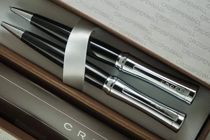 Cross Compact Parasole Curves Tuxedo Black Lacquer and Extremely Polished Chrome Appointment Ballpoint Pen and 0.9MM with Continuous Twist Technology Pencil Set