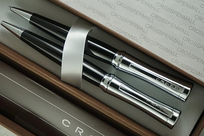 Cross Compact Parasole Curves Tuxedo Black Lacquer and Extremely Polished Chrome Appointment Ballpoint Pen and 0.9MM with Continuous Twist Technology Pencil Set